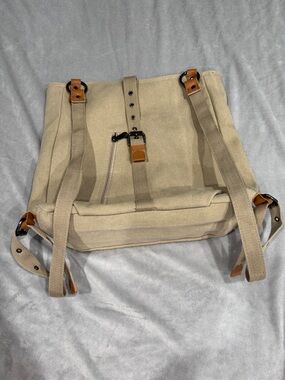 Canvas Backpack Tote in Beige with Leather Accents